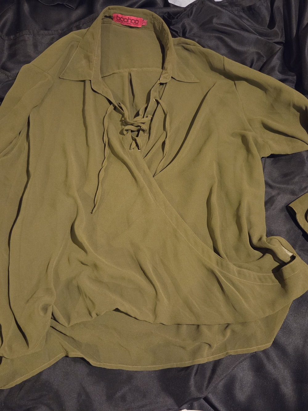 Boohoo Olive Lace-Up Wrap Blouse